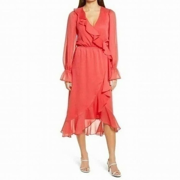 Chelsea28 Dresses & Skirts - Chelsea28 Womens Long Sleeve Ruffle Chiffon Women's Wrap Midi Dress size small